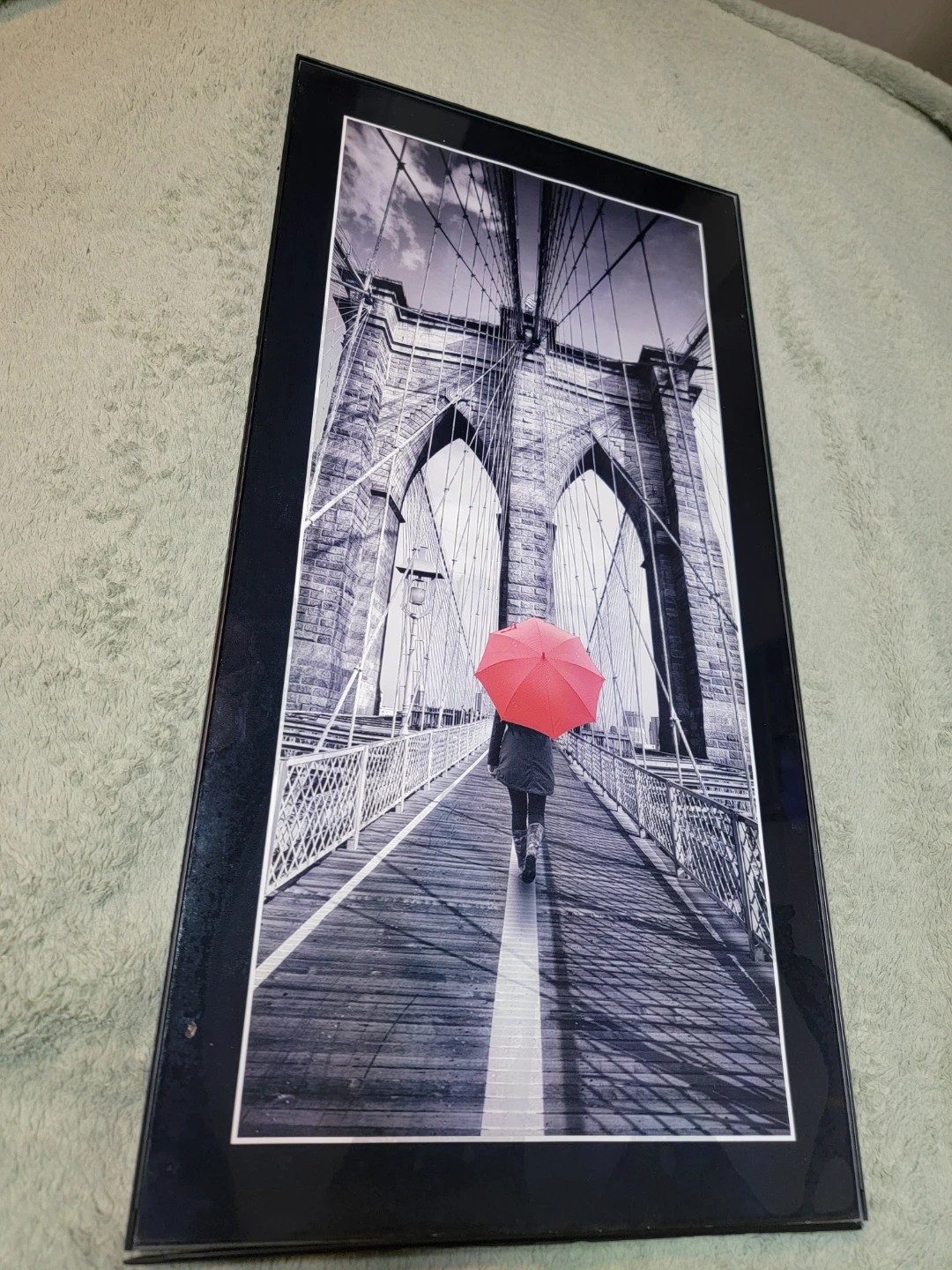 Framed Brooklyn Bridge Artwork with Red Umbrella - photo 2