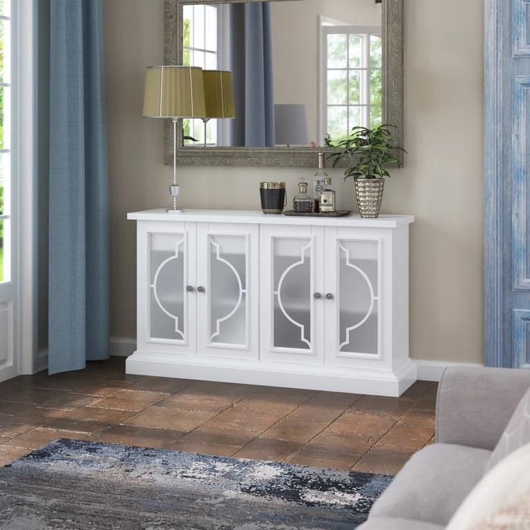 White Console Table with Frosted Glass Doors