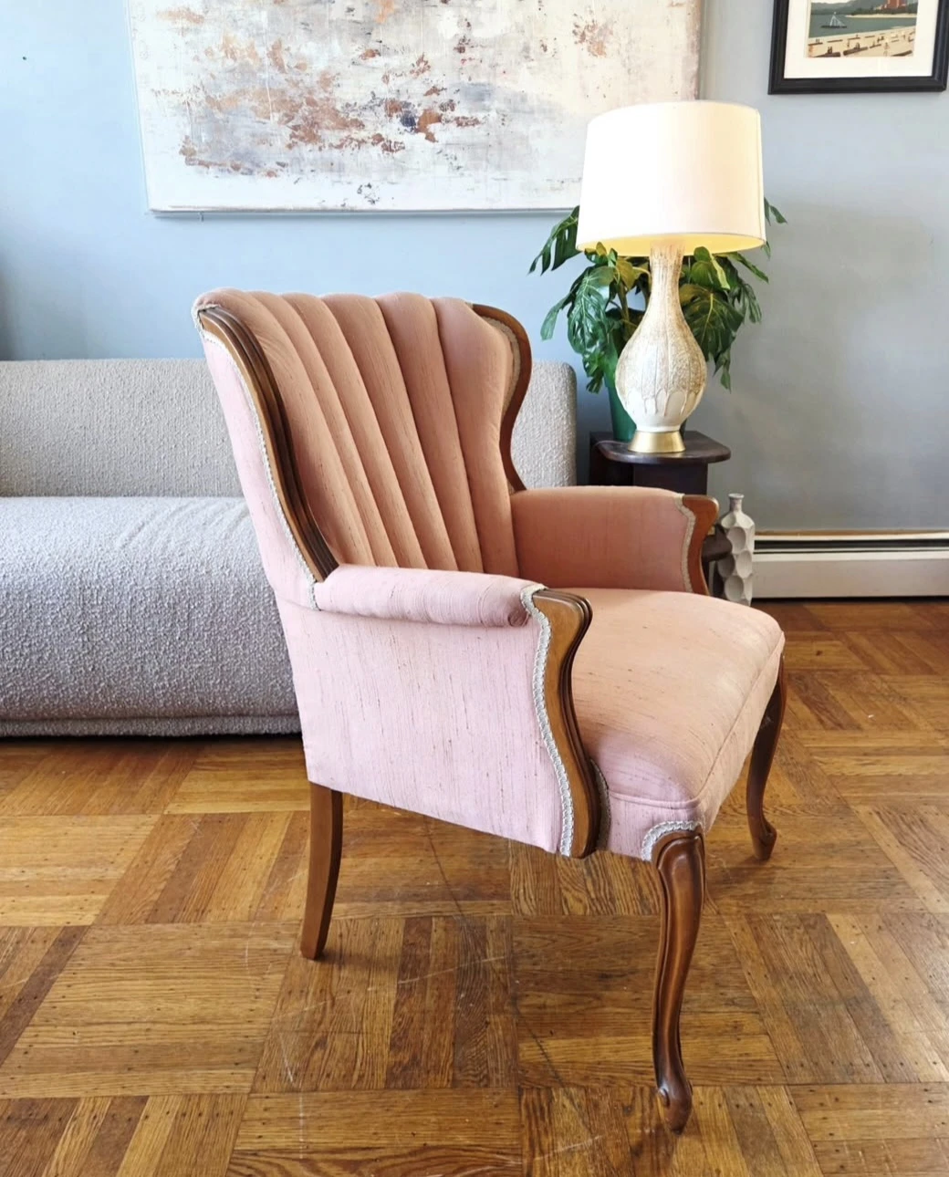 Vintage Coral Pink Channel/Clam Armchair (Delivery Available)