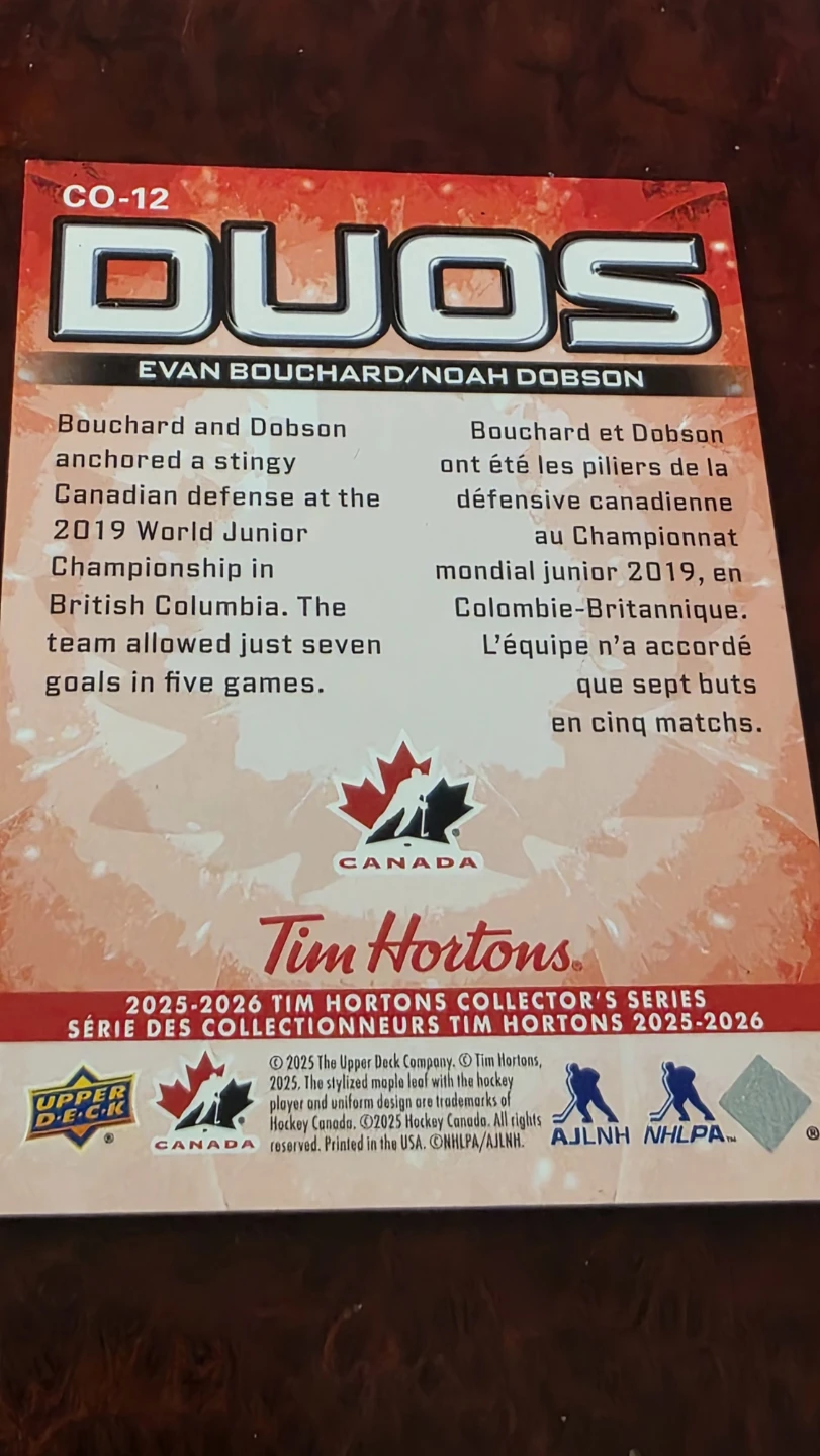 Upper Deck  Collector's Series DUOS Evan Bouchard Hockey Card - photo 2