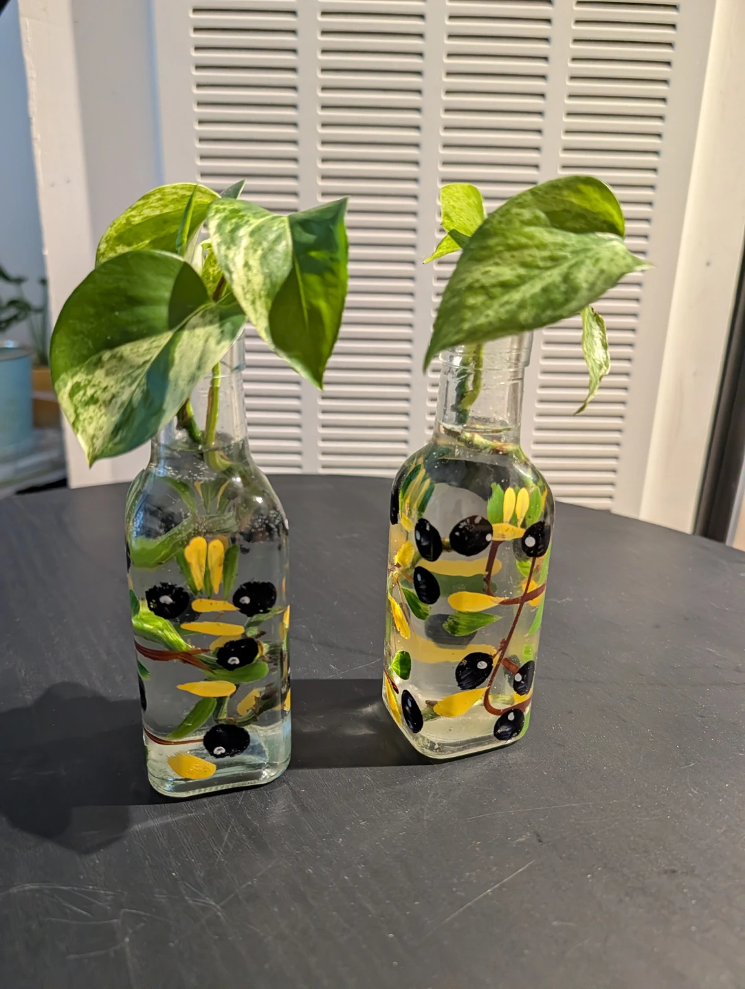 Set of 2 Pothos Plant Cuttings in Decorated Glass Bottles