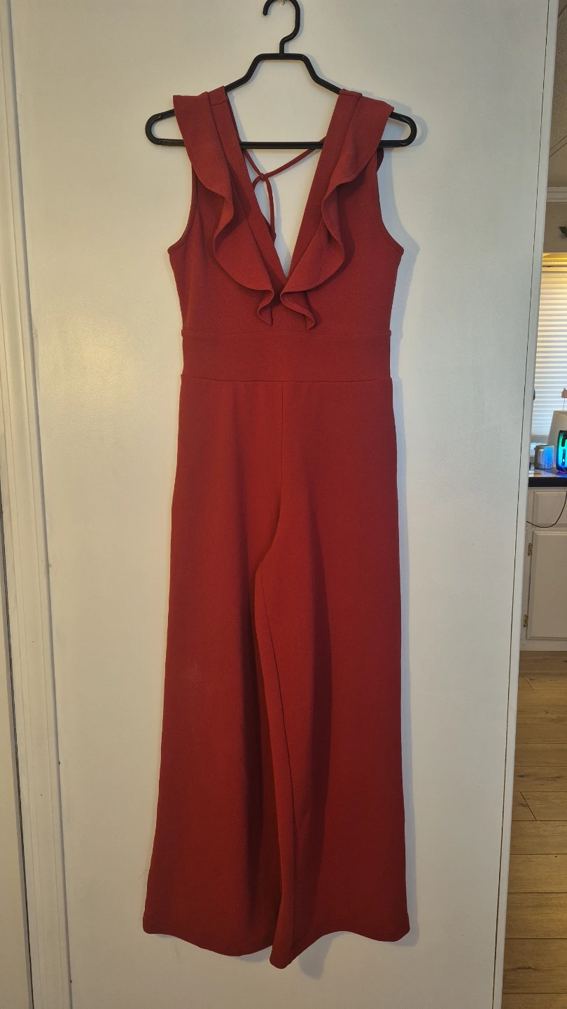 Red Jumpsuit with Ruffle Detail