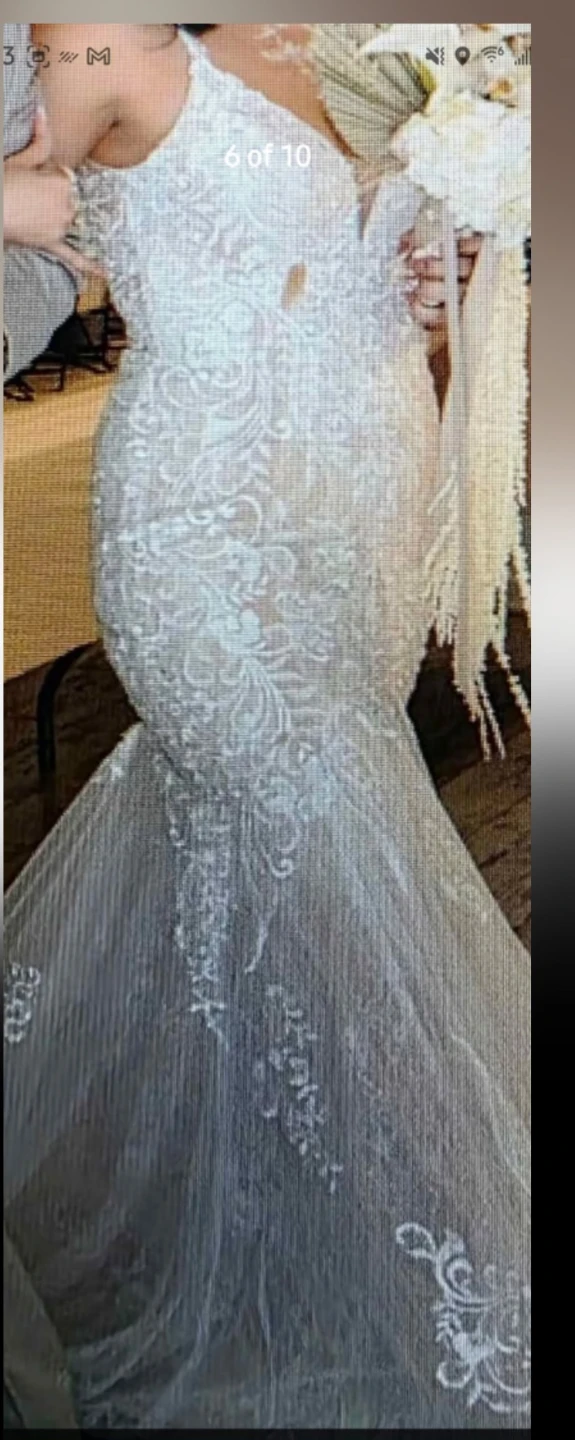 White Lace Mermaid Wedding Dress - Azazie Camlynn Nude