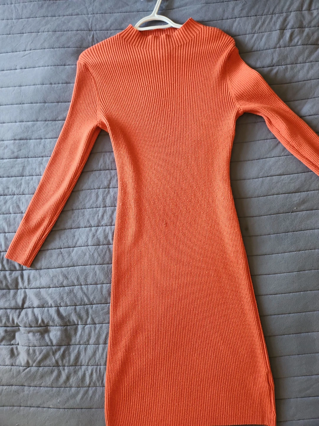 Orange Ribbed Mock Neck Long Sleeve Dress