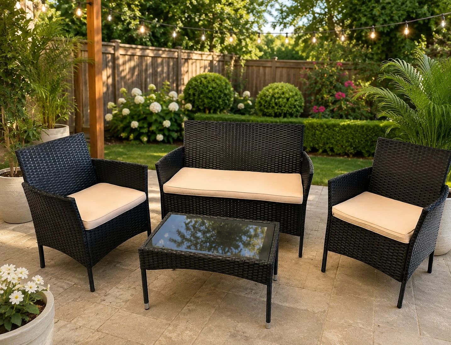 Black Wicker Patio Furniture Set with Beige Cushions