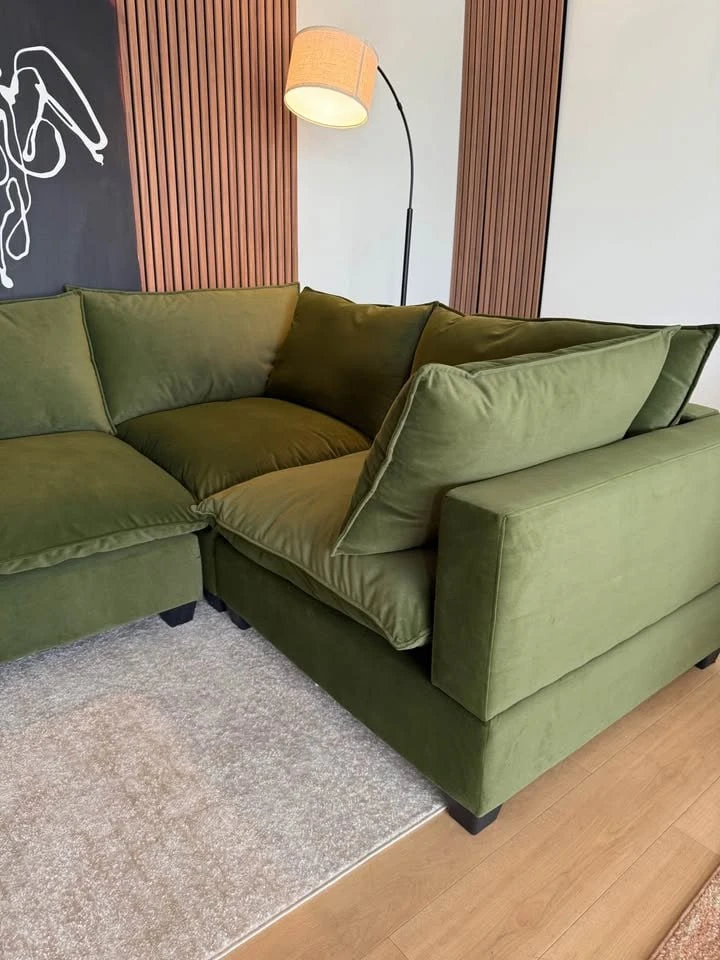 Olive Green Velvet Sectional Couch - photo 4