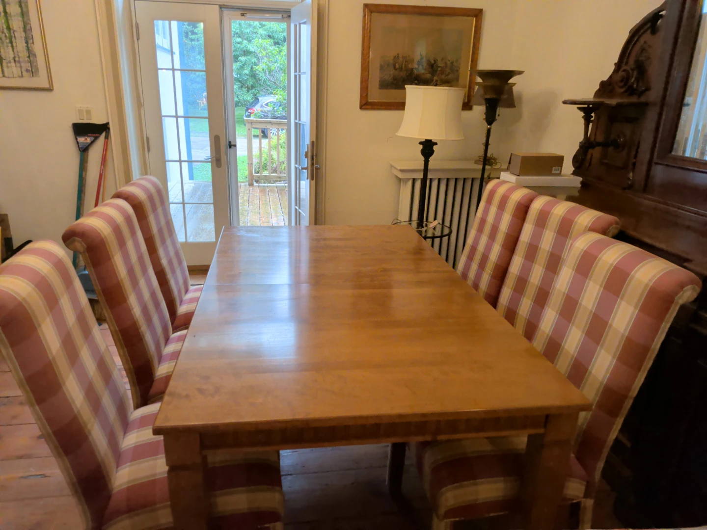Wooden Dining Table with Plaid Chairs