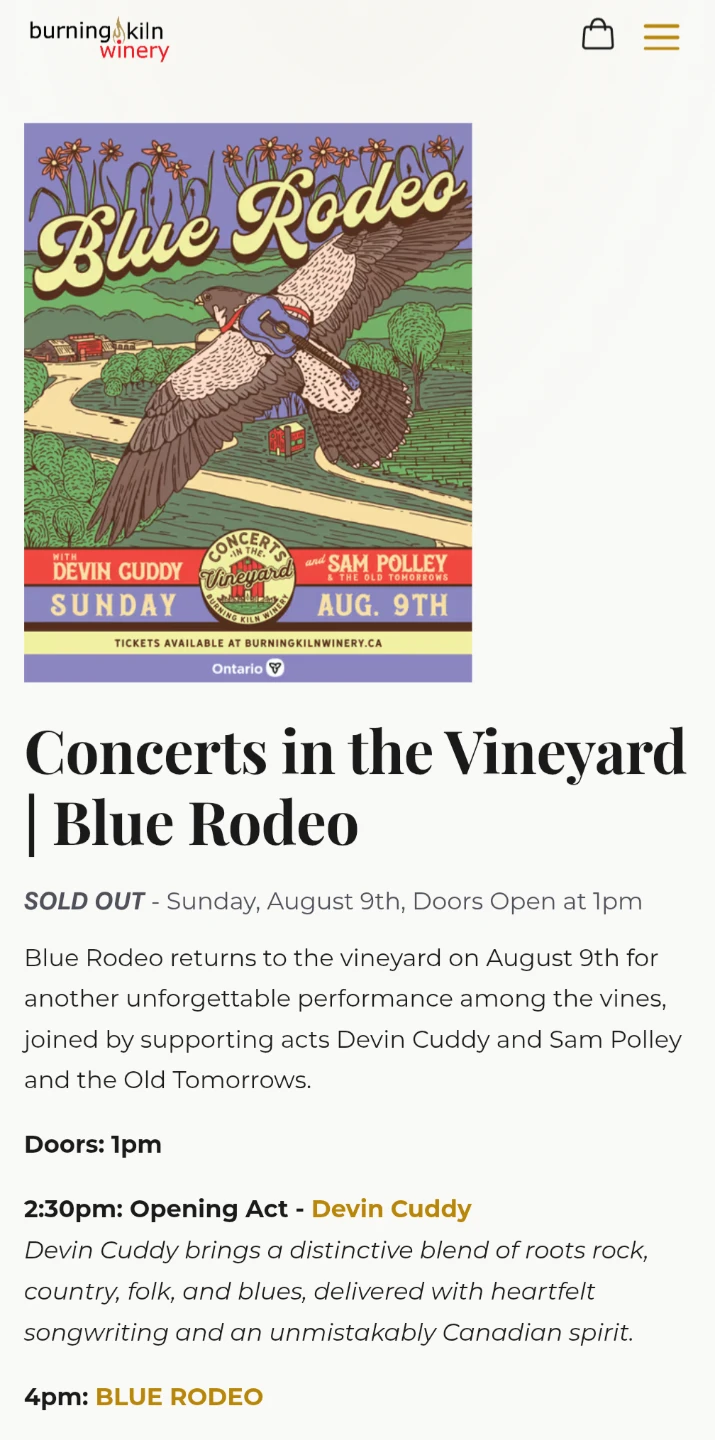 Blue Rodeo concert at Burning Kiln Winery - 2 tickets