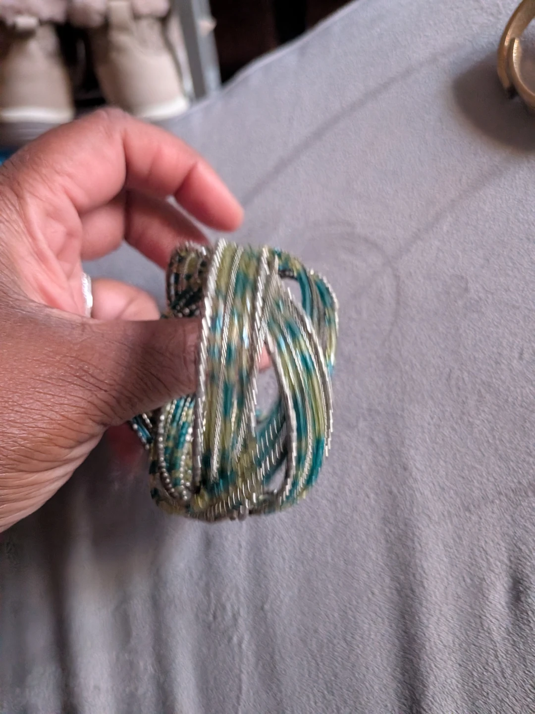 Beaded Coil Bracelet Green & Silver