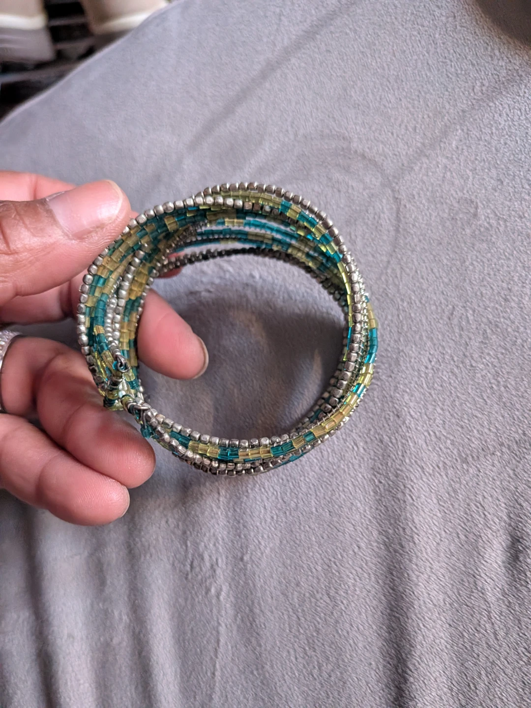 Beaded Coil Bracelet Green & Silver - photo 2