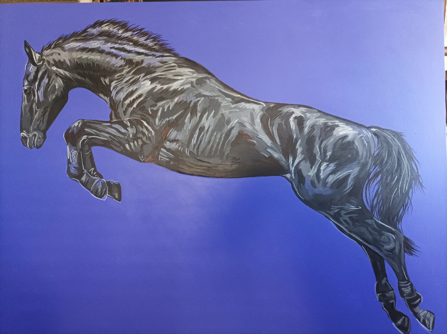 Painting of a black jumping horse - photo 2