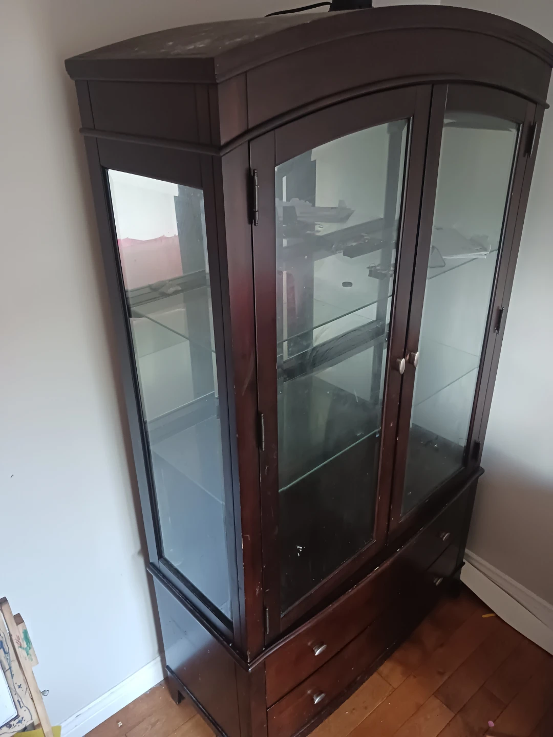 Dark Wood Curio Cabinet with Glass Doors and Drawers