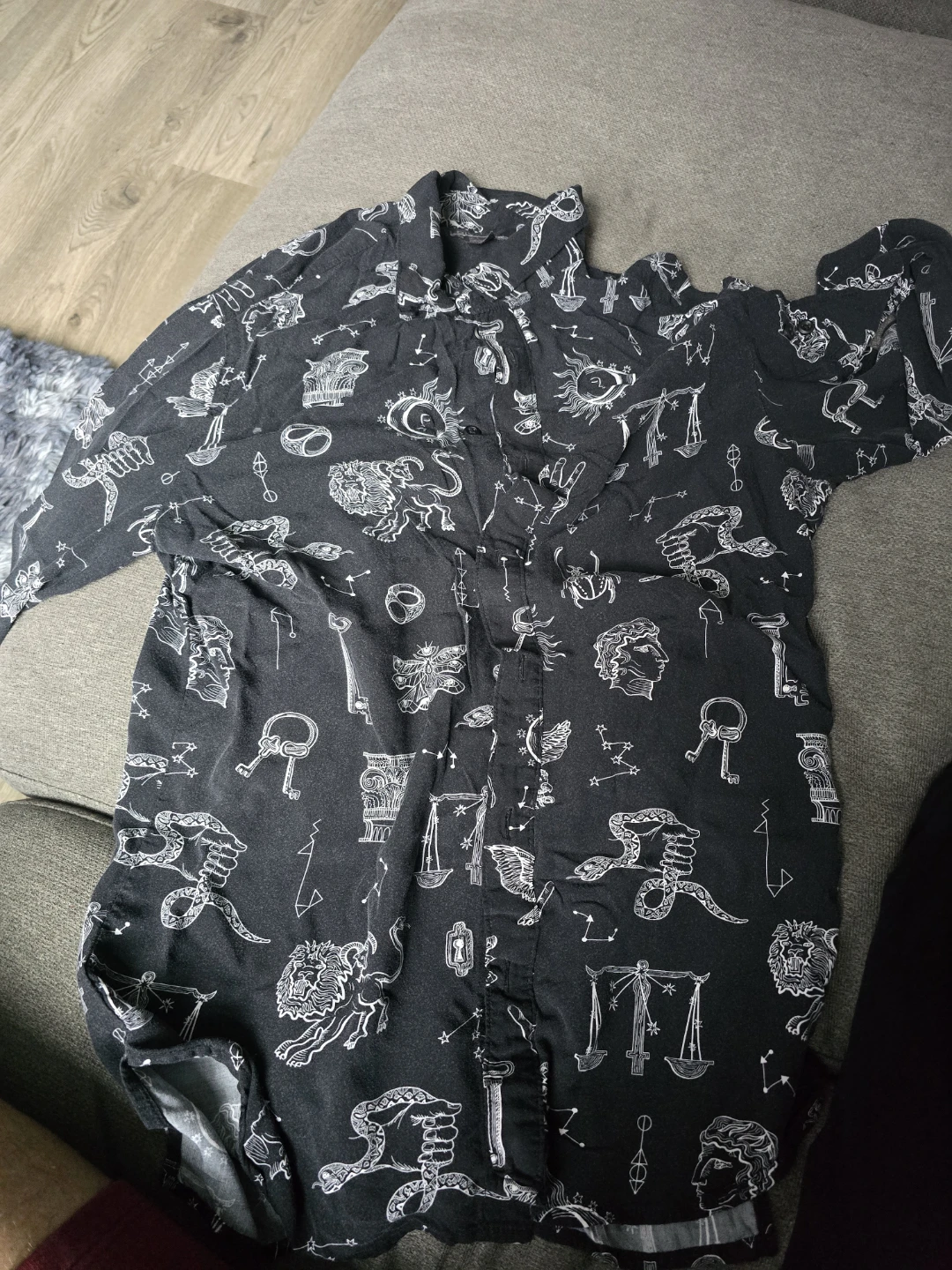 Black Zodiac Print Button-Up Shirt
