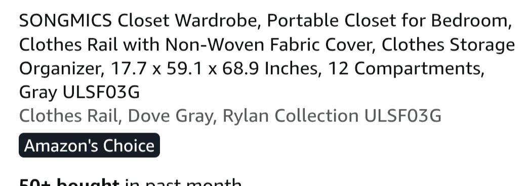SONGMICS Portable Closet Wardrobe 59" x 17.7" x 69" Gray - photo 3
