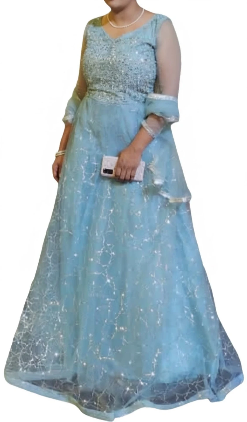 Light Blue Embellished Gown with Sheer Sleeves - photo 4