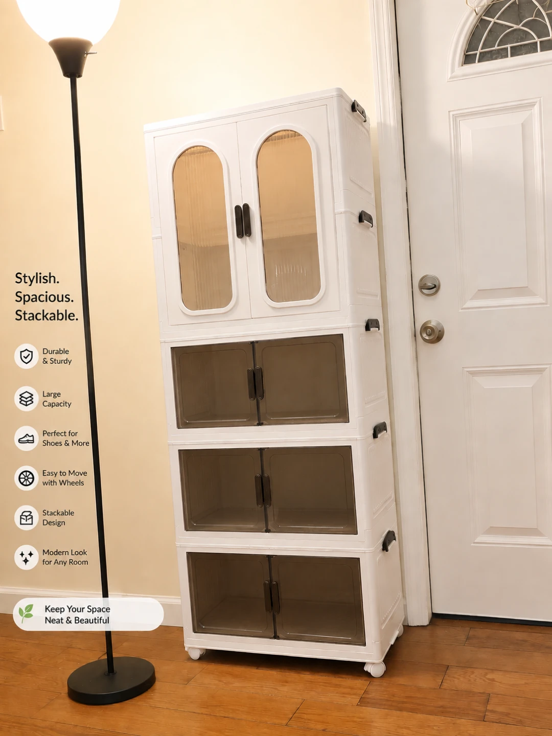 White Stackable Storage Cabinet with Doors