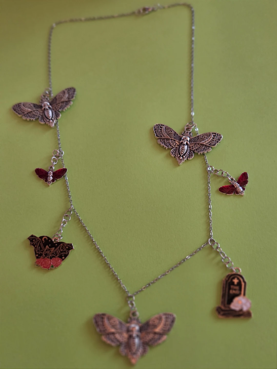 Goth Moth & Tombstone Charm Necklace