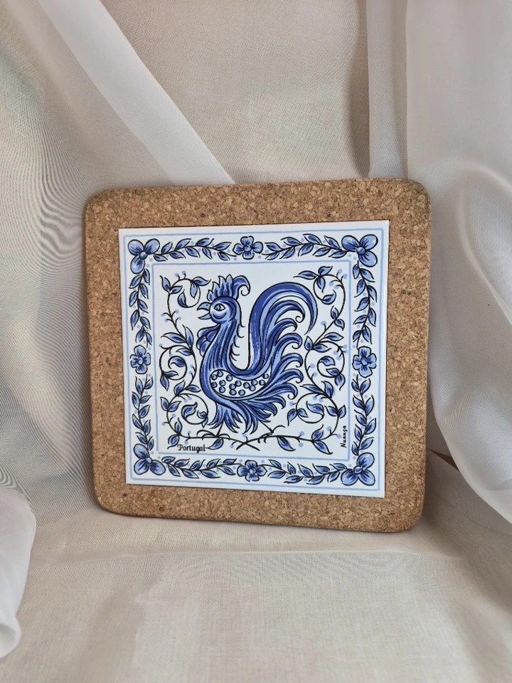 7 3/4" Square Cork Ceramic Trivet Blue Rooster- Portugal
