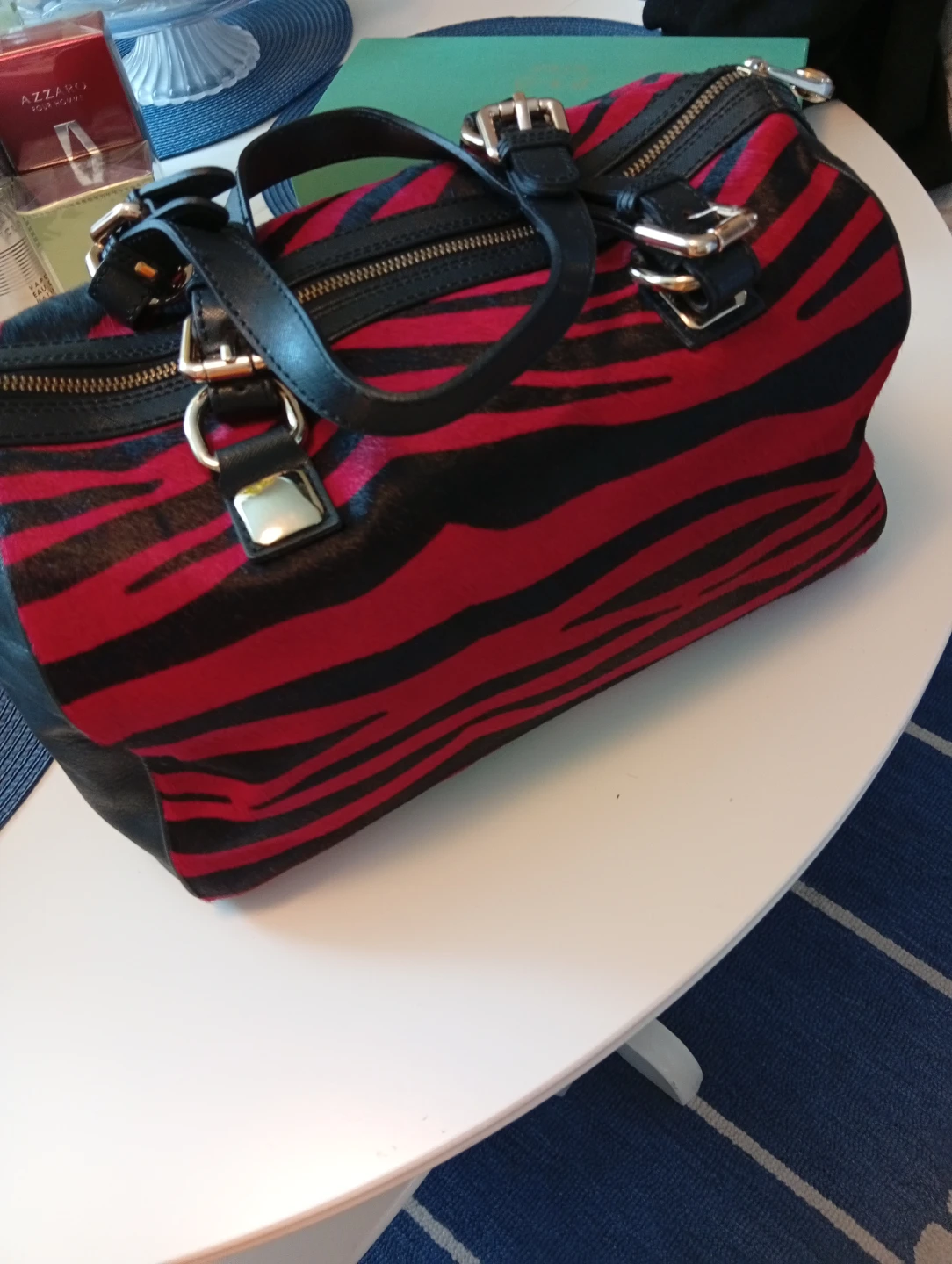 Red and Black real leather Zebra Print Satchel Bag