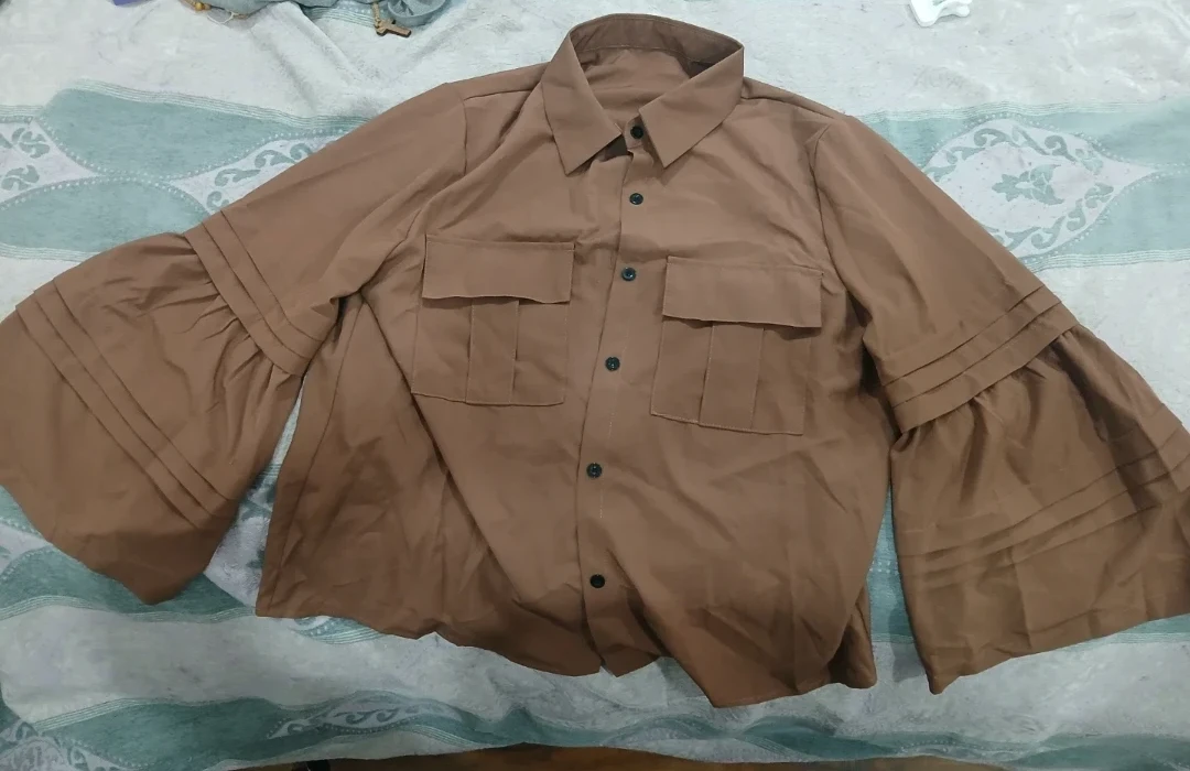 Brown Button-Up Shirt with Flared Sleeves