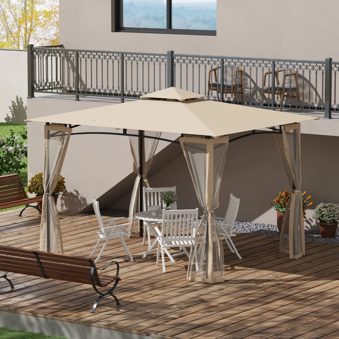 Beige Gazebo Canopy with Netting and Curtains