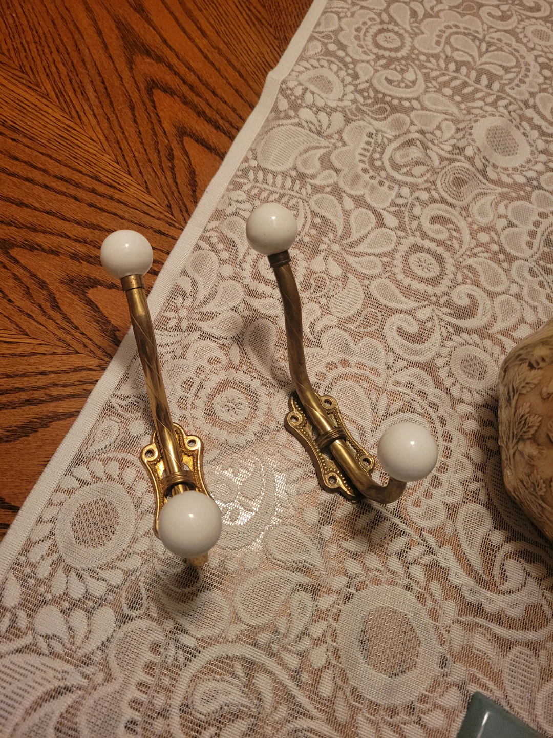 Vintage Brass Wall Hooks with White Ceramic Knobs