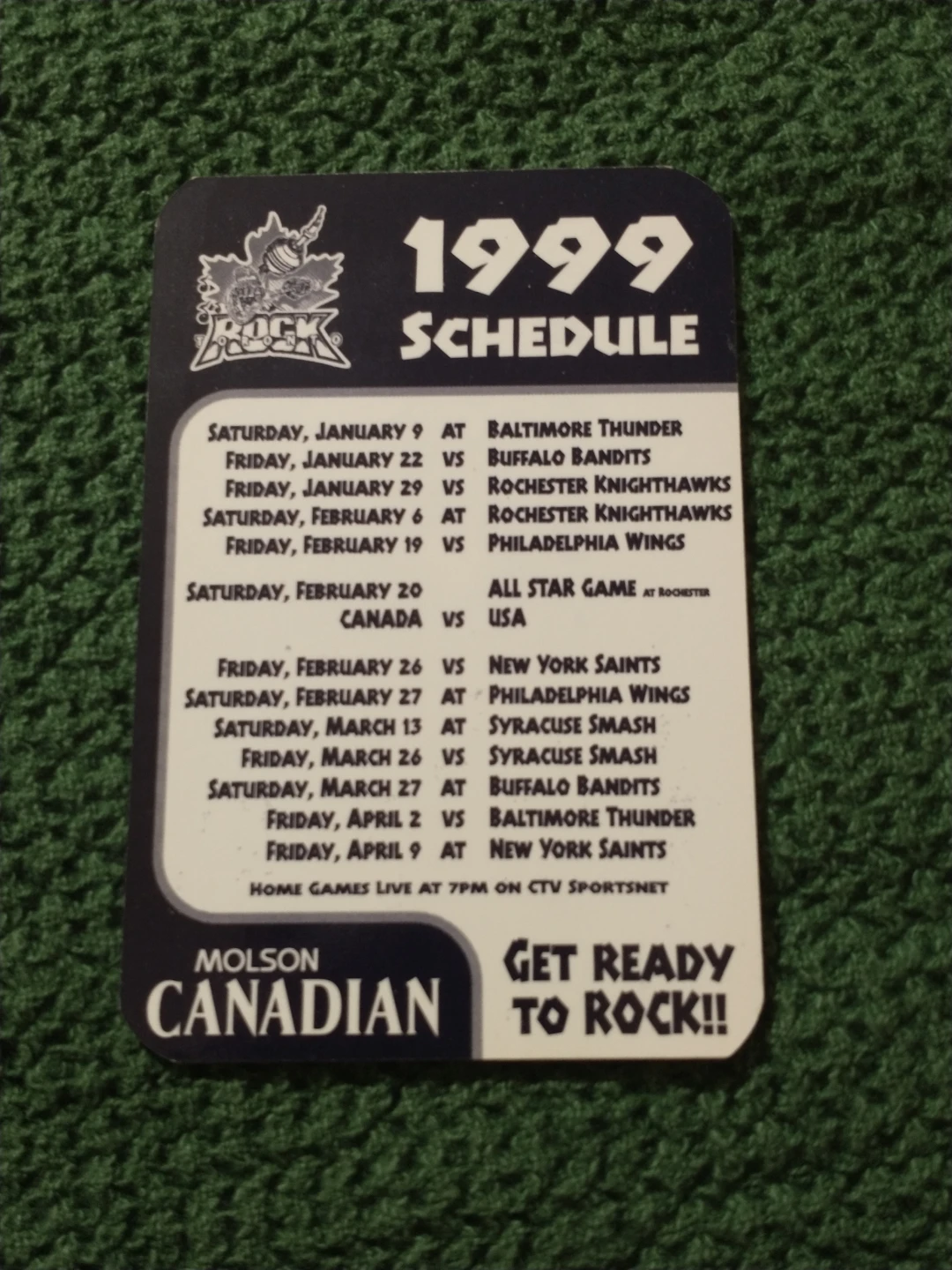 1999 Toronto Rock Lacrosse Laminated Schedule