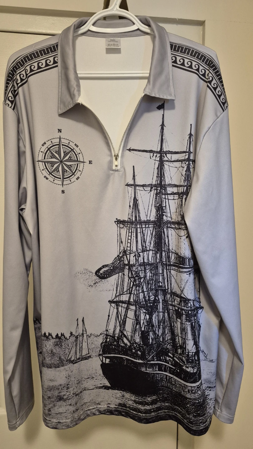 Grey Long Sleeve Polo Shirt with Ship Graphic - photo 5