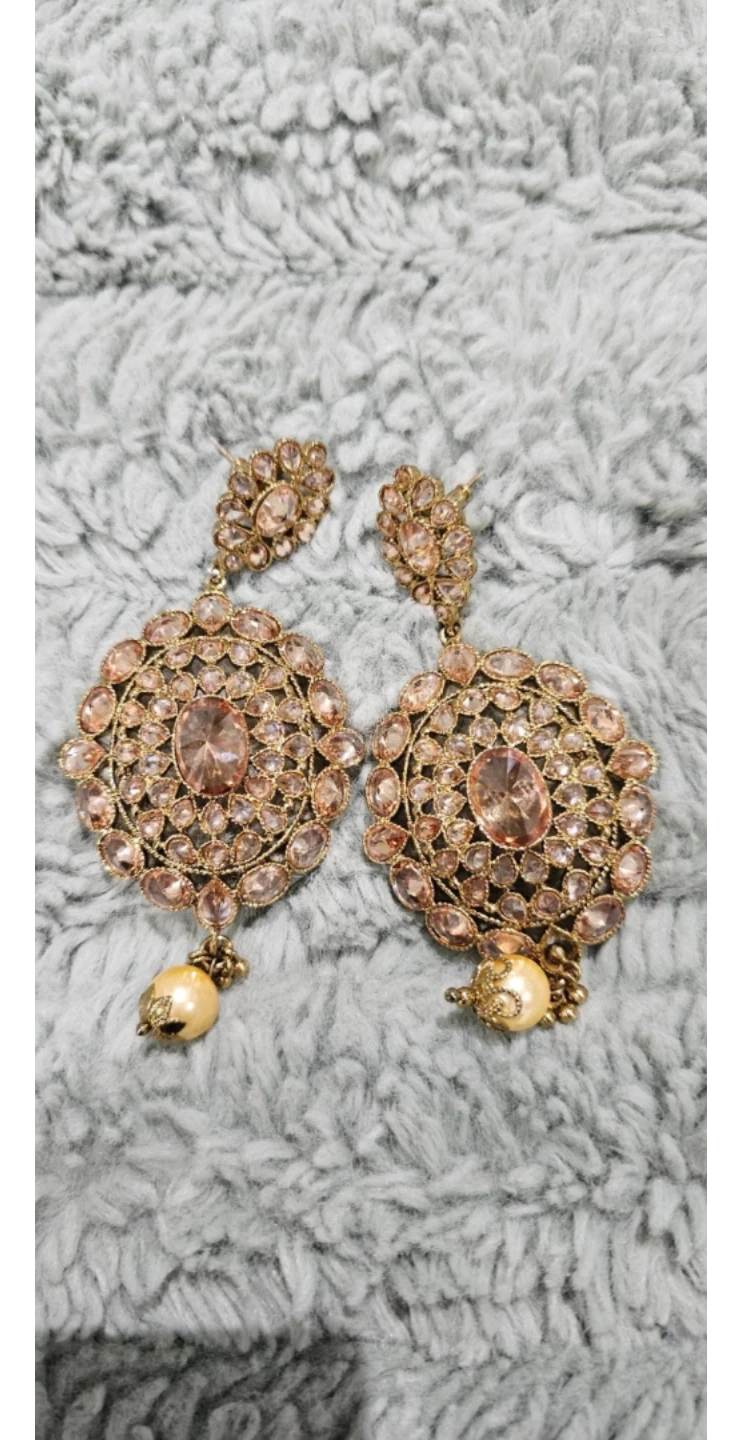 Large Round Drop Earrings with Pink Stones and Pearls