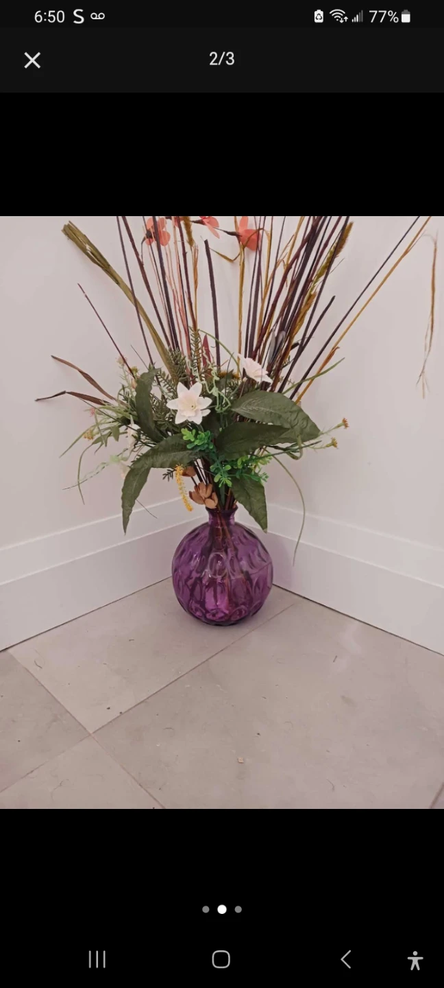 Purple Glass Vase with Faux Floral Arrangement