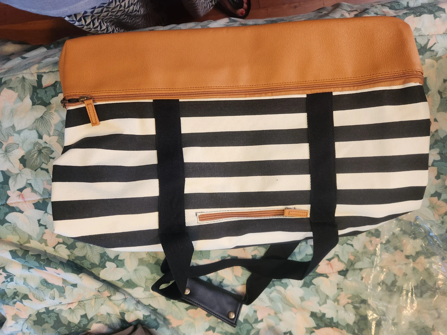 Striped Duffle Bag with Faux Leather Accents - photo 3