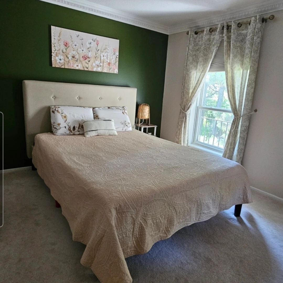 Cream Tufted Headboard Bed Frame + Mattress + Mattress topper