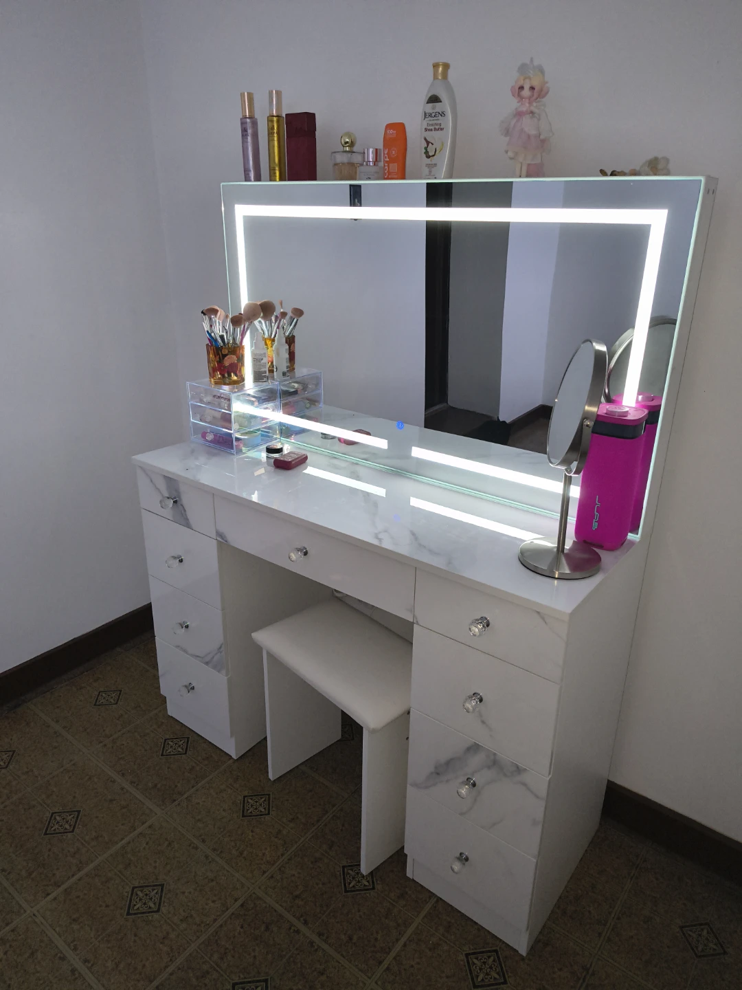 Vanity Table with Lighted Mirror and Stool