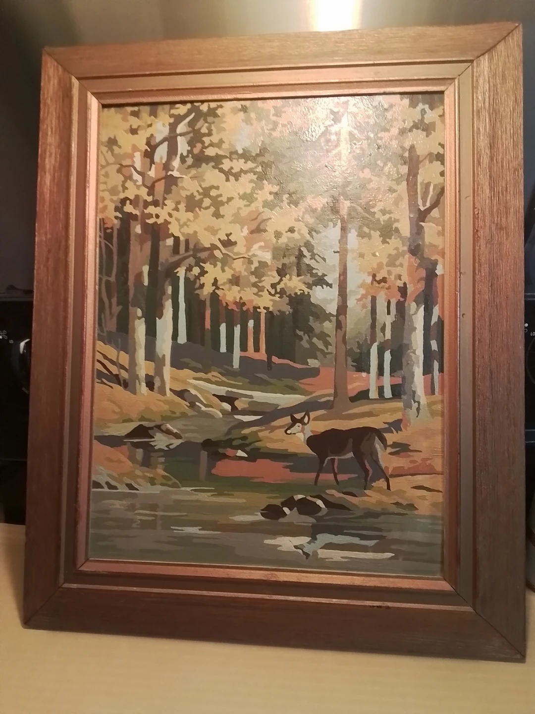 Vintage 1950s Paint by Number Deer Forest Stream Painting Framed - photo 2