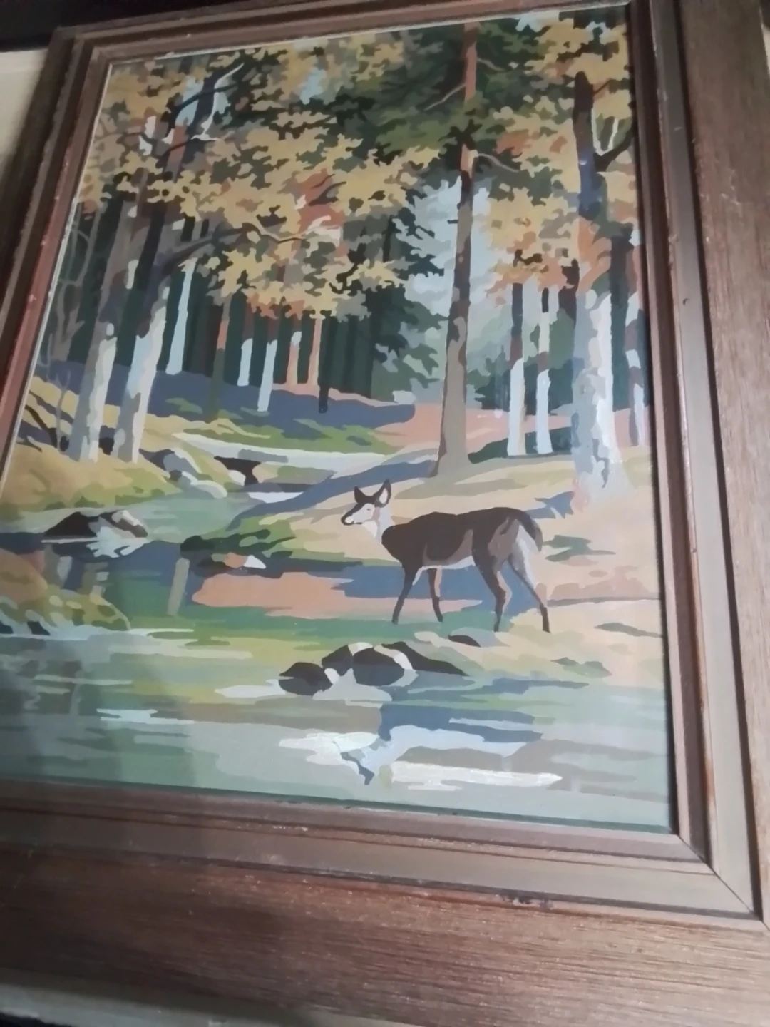 Vintage 1950s Paint by Number Deer Forest Stream Painting Framed - photo 4