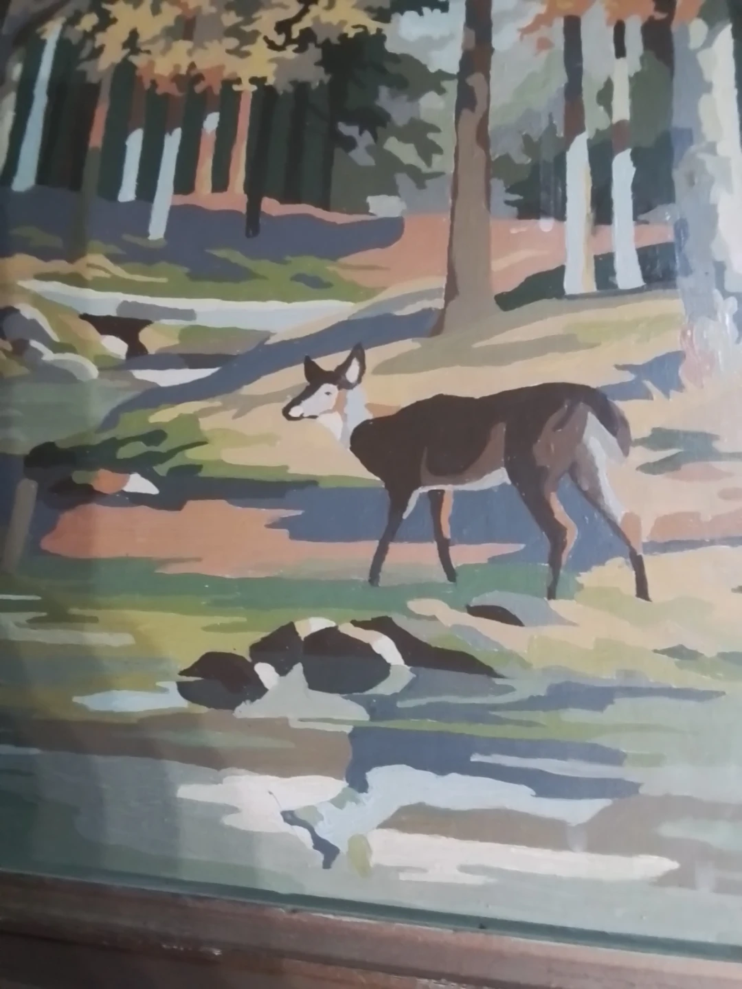Vintage 1950s Paint by Number Deer Forest Stream Painting Framed - photo 5