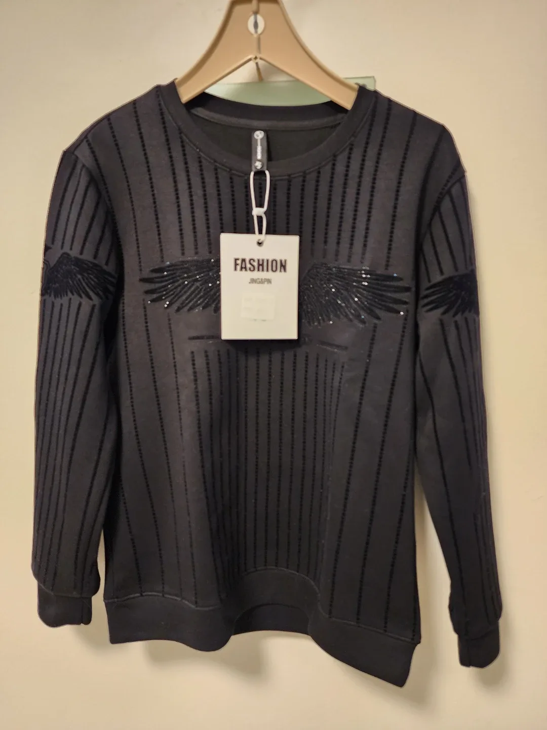JING&PIN Black Striped Long Sleeve Sweatshirt with Wings Design - photo 2