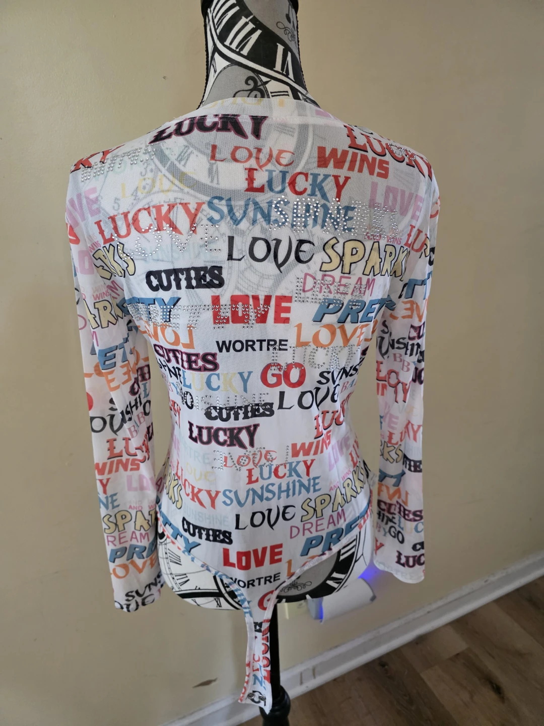Womens Mesh Bodysuit White "Lucky" Graphic Print