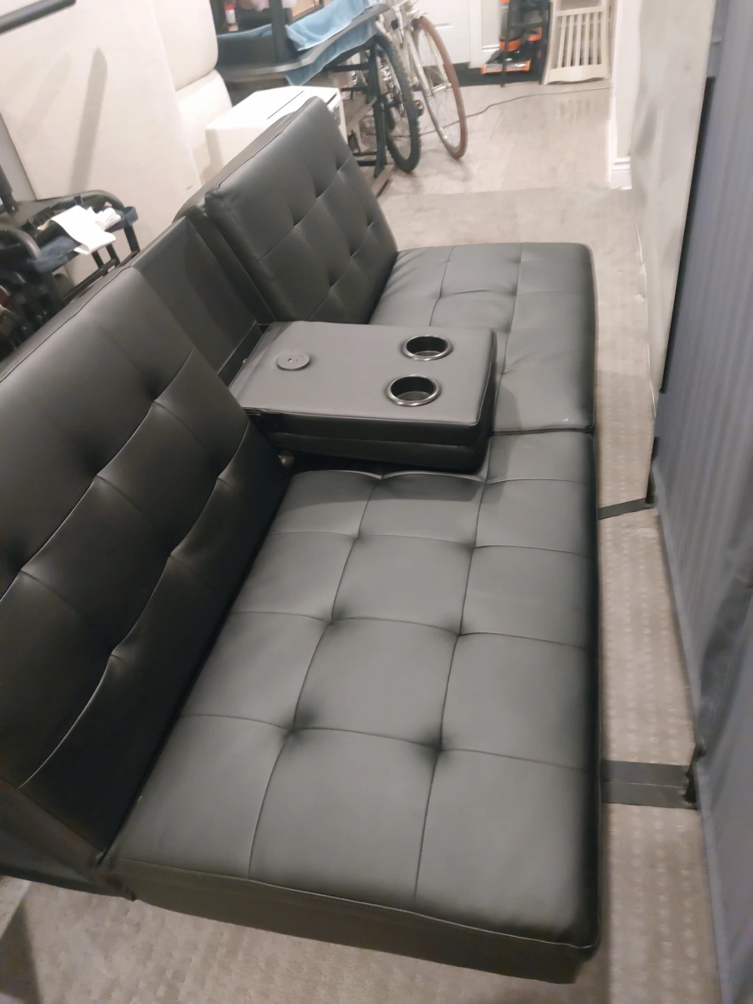 Black Faux Leather Futon Sofa with Cup Holders - photo 4