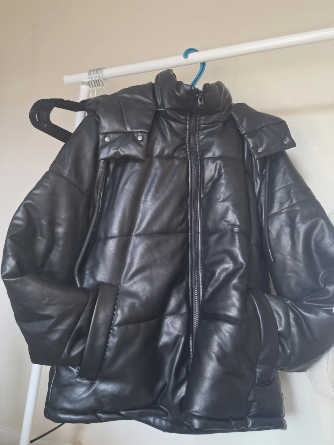 Black Faux Leather Puffer Jacket with Hood