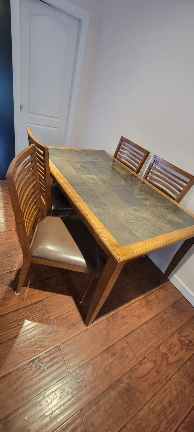 Wooden Dining Table with Slate Top and Upholstered Chairs