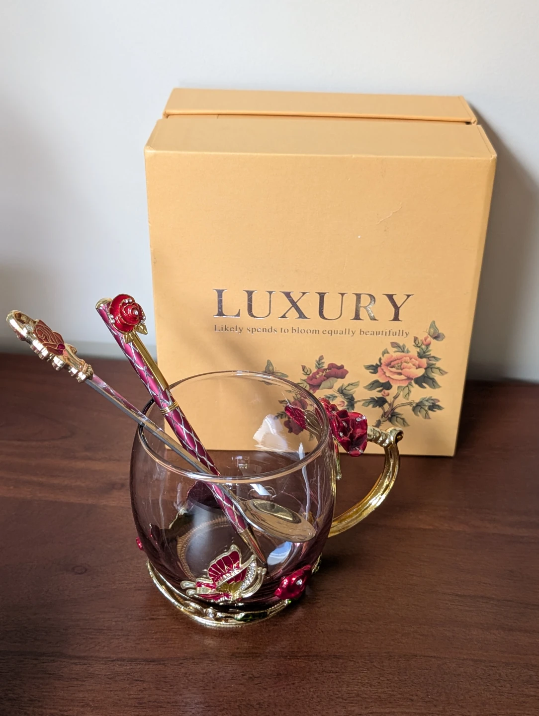 Luxury Rose Design Glass Mug with Spoon Set