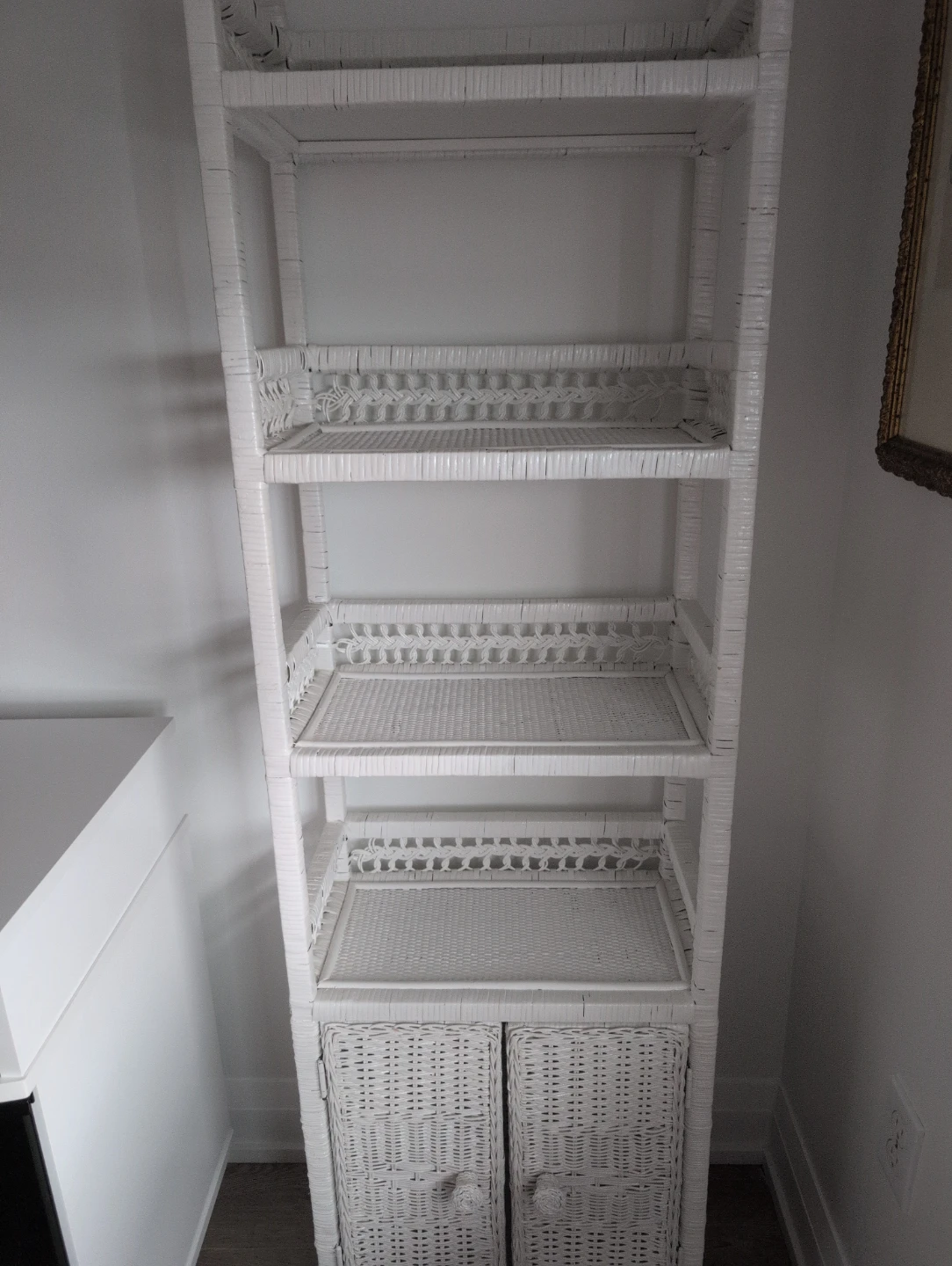 White Wicker Shelf with Cabinet