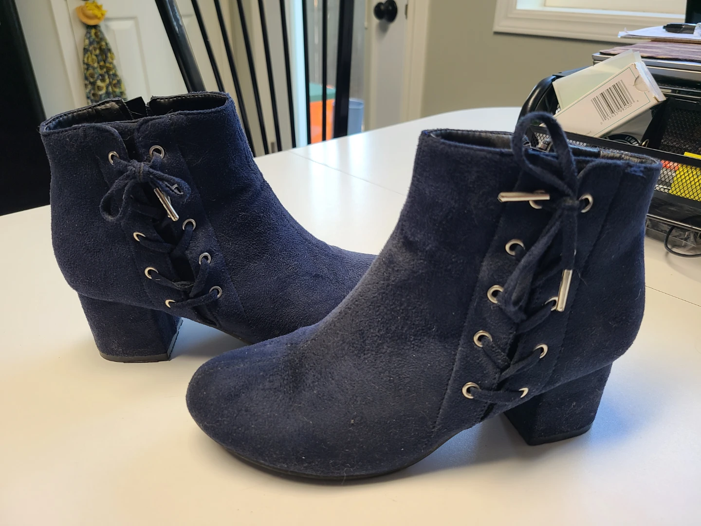 Navy Blue Suede Lace-Up Ankle Boots - photo 3