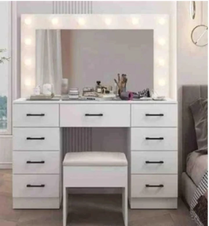 White Vanity Set with Lighted Mirror and Stool
