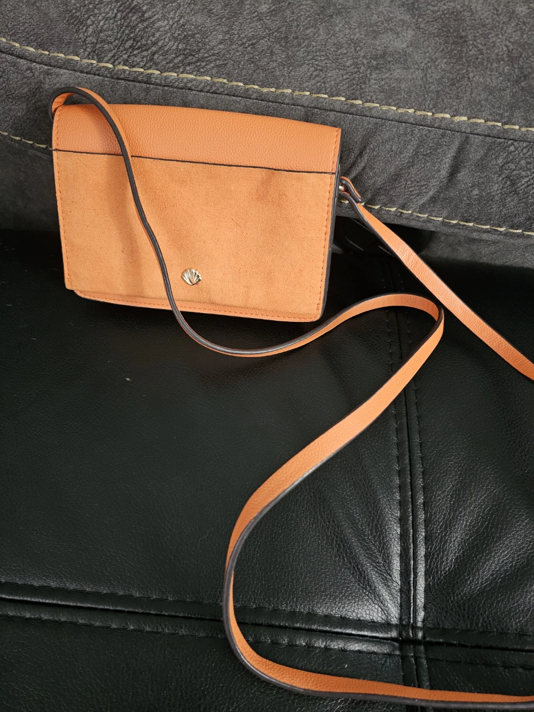 Orange Faux Suede Crossbody Bag with Shell Detail