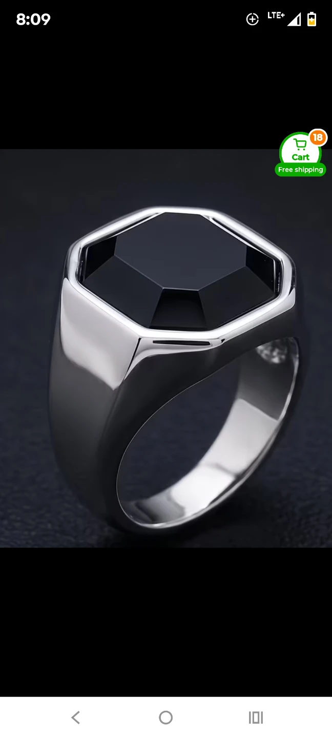 Men's Silver Tone Ring with Black Stone - Size 10