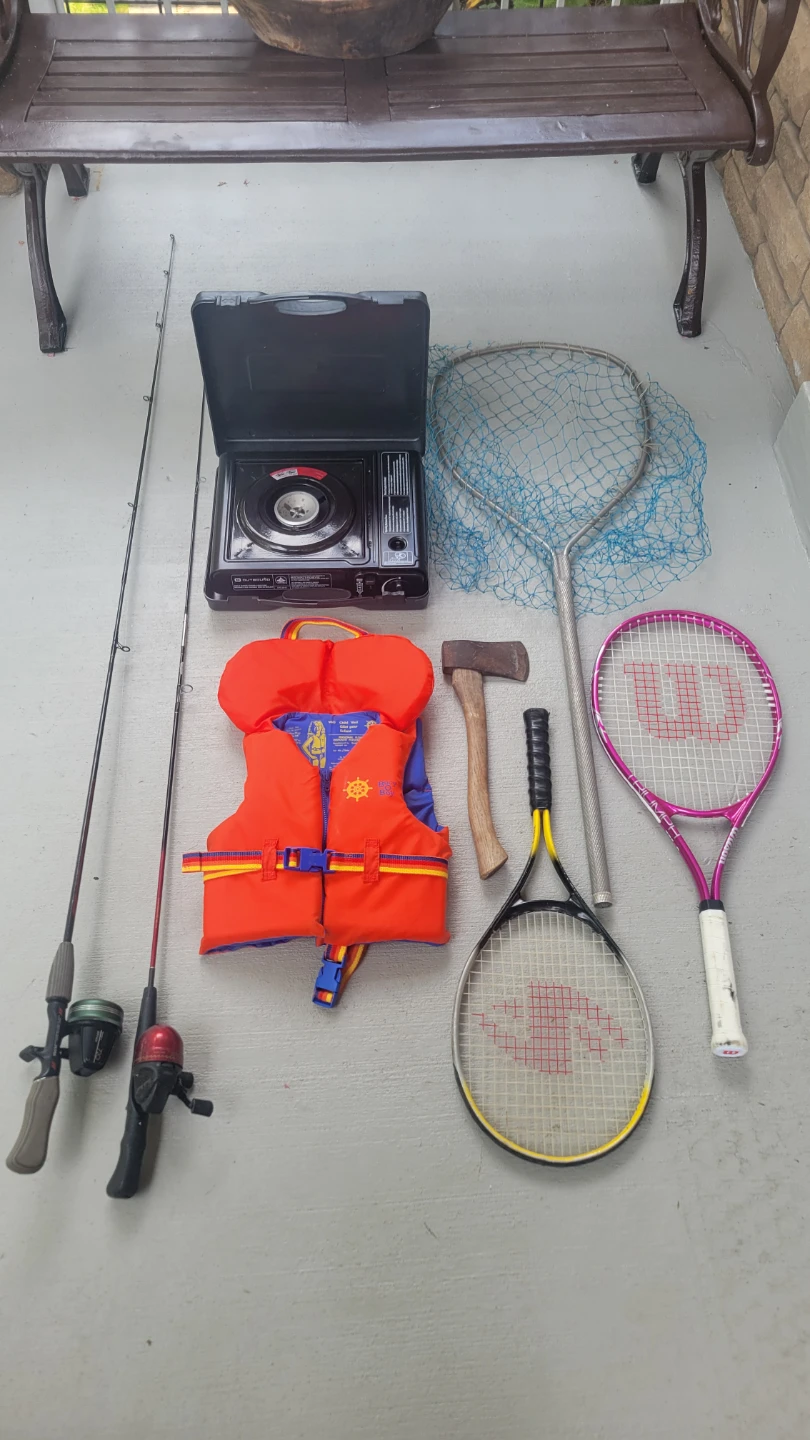Portable Camp Stove, Fishing, racquets, axe-$10 each