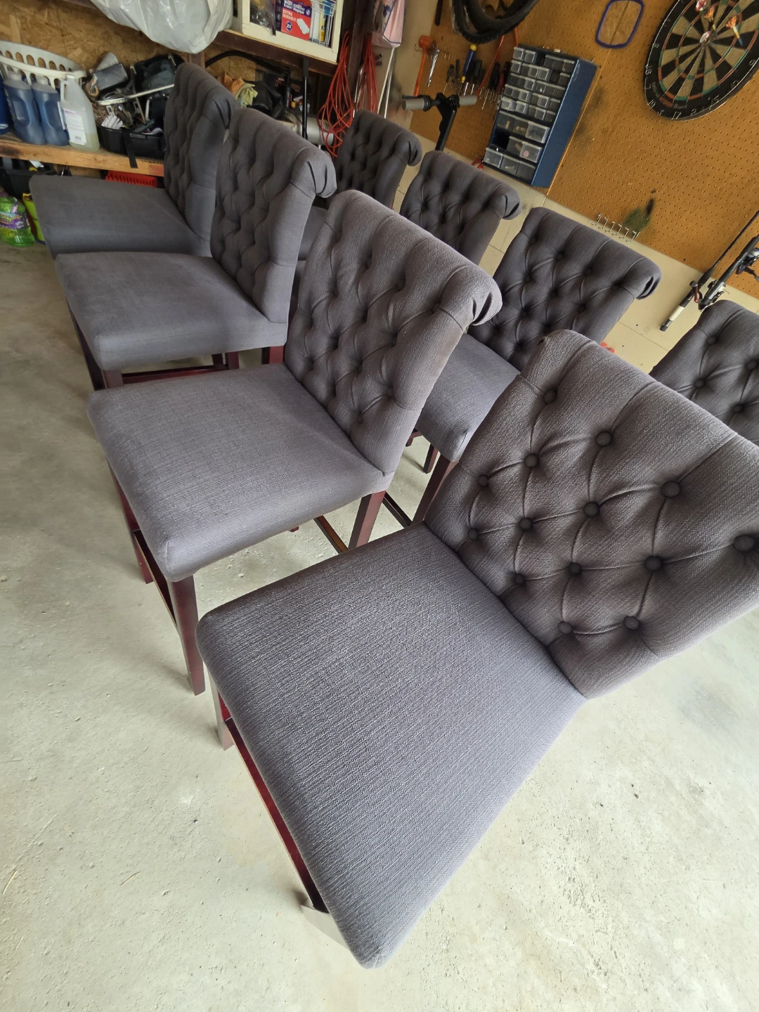 Set of 8 Grey Tufted Bar Stools