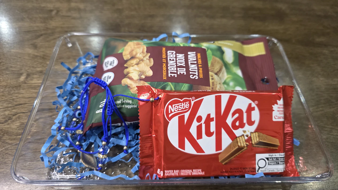 Gift Box with Kit Kat, King Size Chocolate Bar, Walnuts & Rakhi